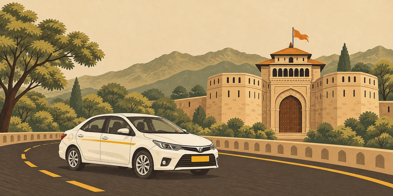 Vector-style illustration of a white yellow-plate cab on a Pune road, with a Wada gateway and Sahyadri hills